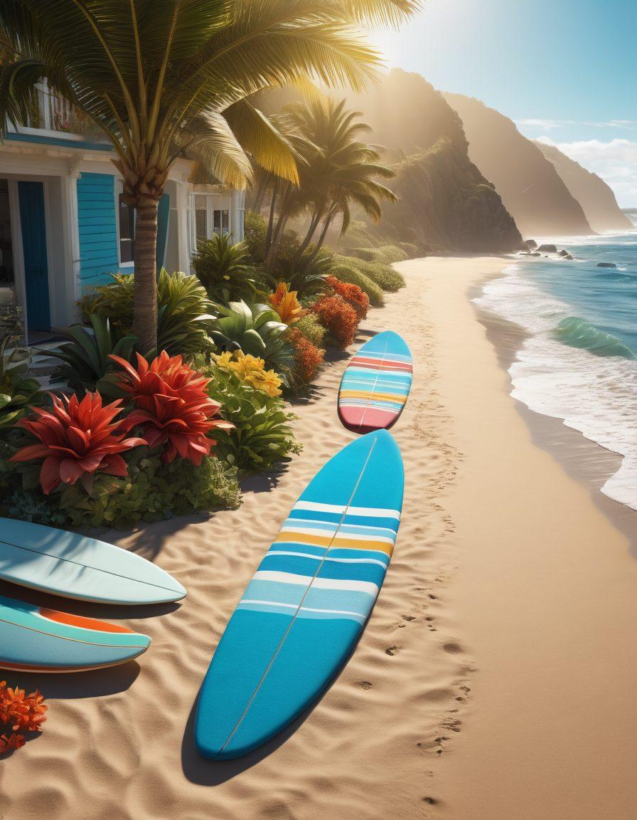 A stylish summer scene with a winding coastal road curving alongside the ocean, where a fashionable person is showcasing vibrant summer clothing. Include beach elements like surfboards, beach towels, and tropical plants, with waves crashing in the background under a bright blue sky. Incorporate warm sunlight casting playful shadows. super-realistic. vibrant colors. 3D.