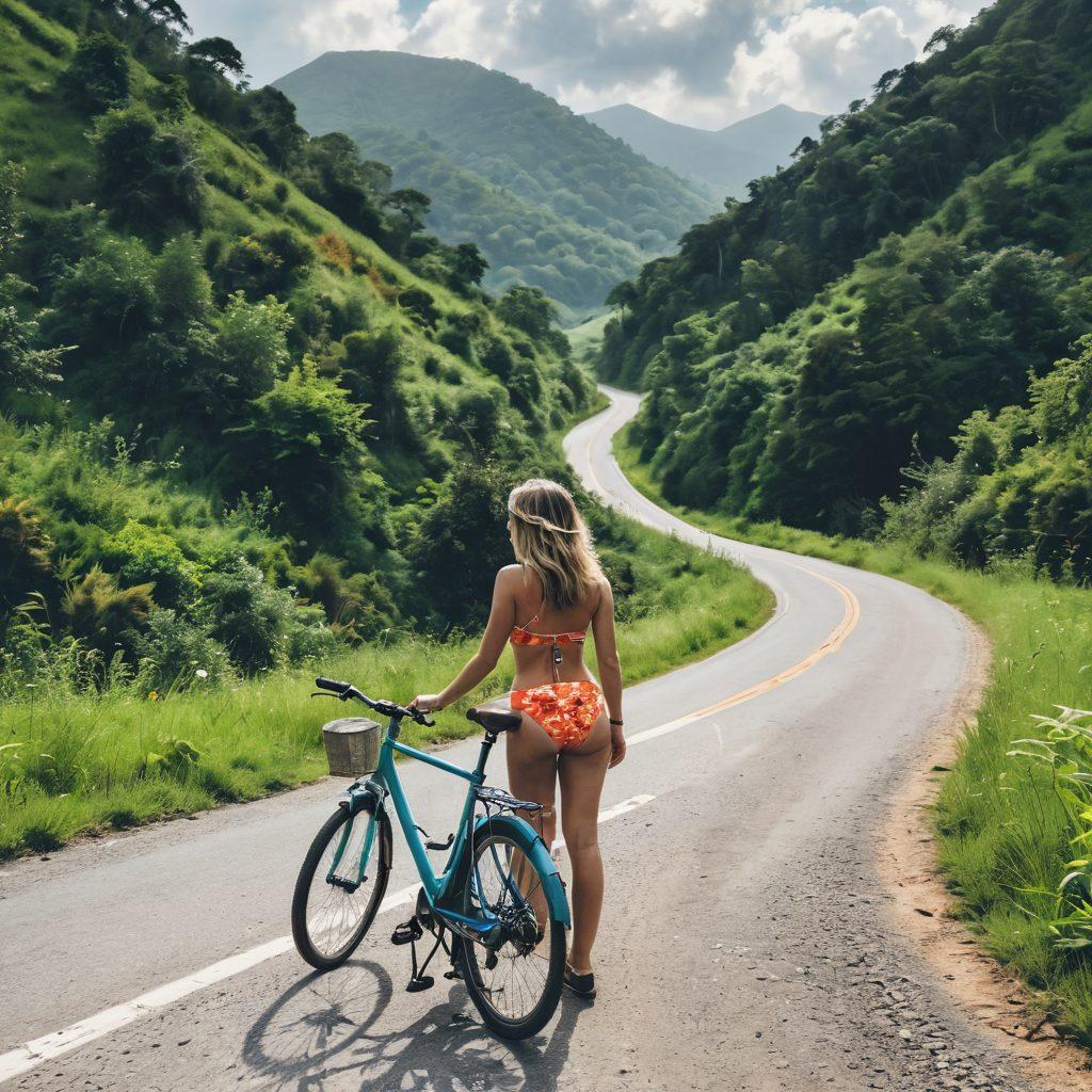 A stylishly dressed individual in vibrant swimwear standing at the edge of a winding backroad surrounded by lush greenery and scenic hills. The person embodies a sense of joy despite a cloudy sky, capturing the contrast of melancholy and happiness. Elements of journey and adventure are highlighted, such as a vintage bike parked nearby and a map in hand. Emphasize soft, warm lighting to evoke an inviting atmosphere. super-realistic. vibrant colors. natural scenery.