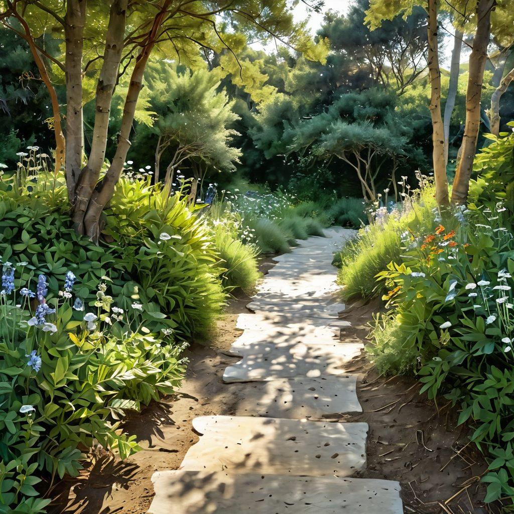 A serene rustic path lined with lush greenery and delicate wildflowers, leading towards a shimmering beach where stylish swimwear hangs on wooden frames. A gently flowing stream adds a tranquil touch, while subtle hints of fashion accessories like sunglasses and beach hats are scattered along the path. Enveloping the scene is a soft, golden sunlight filtering through the trees, evoking a sense of calm and inspiration. watercolor style. warm colors. nature-inspired.
